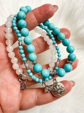 Lotus Turquoise Charm Bracelet Trio - Crystal Bracelet Layering Set